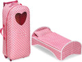 Pink Polka Dot Doll Trolley Travel Carrier with Rocking Bed and Bedding C8239