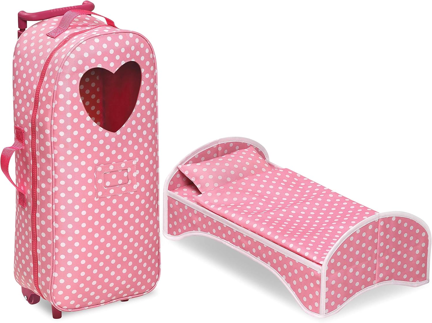 Pink Polka Dot Doll Trolley Travel Carrier with Rocking Bed and Bedding C8239