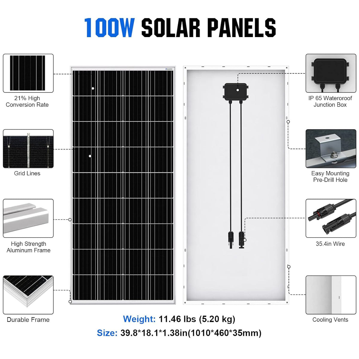2pcs 100 Watt 12 Volt Monocrystalline Solar Panel C145