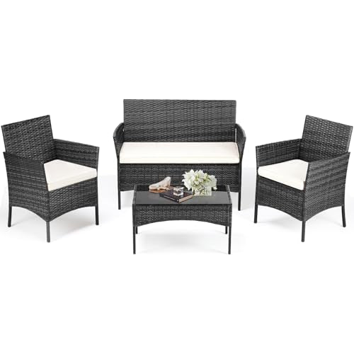 Black 4 Piece Outdoor Wicker Patio Furniture Set with Coffee Table and Sofa Q525845