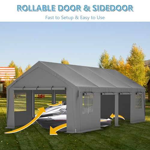 Carport 20x12ft Portable Garage with Roll-up Ventilated Windows & Removable Sidewalls F119708