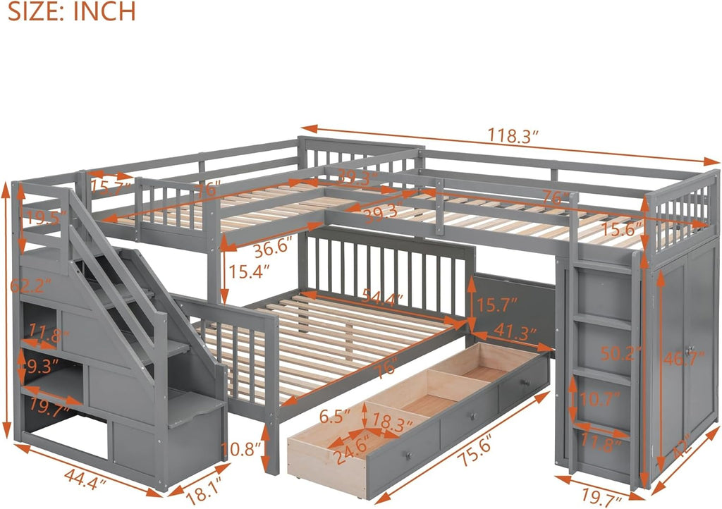 Twin-Twin Over Full L-Shaped Bunk Bed with 3 Drawers Wardrobe Solid Wood Grey H84046
