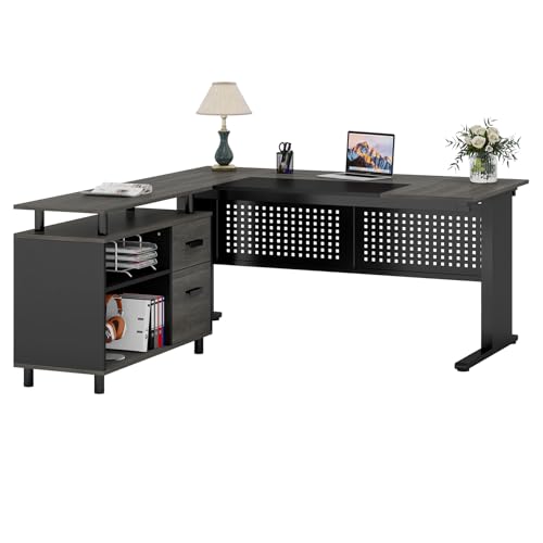 Gray and Black L Shaped Executive Desk with File Cabinet and Drawers X179