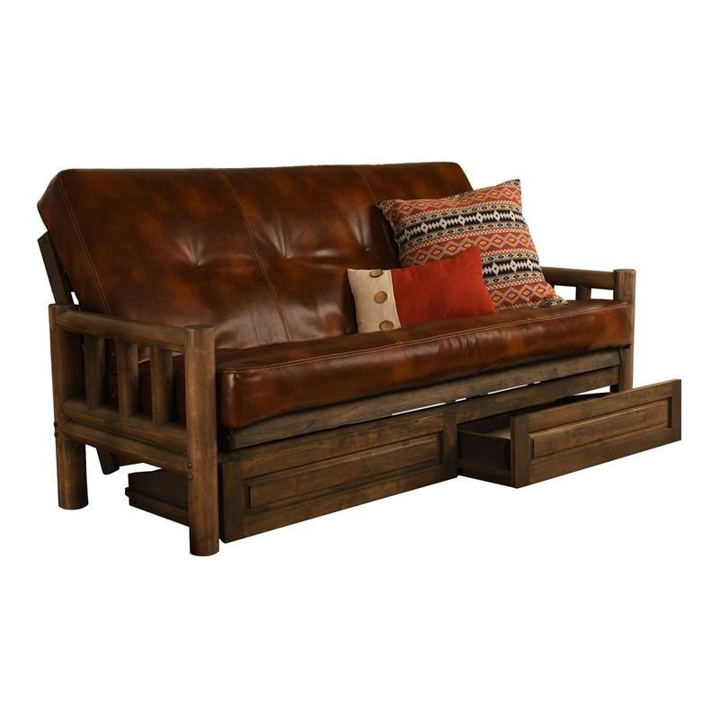 Rustic Walnut Full Size Futon Frame with Mattress and Storage Drawers T48098