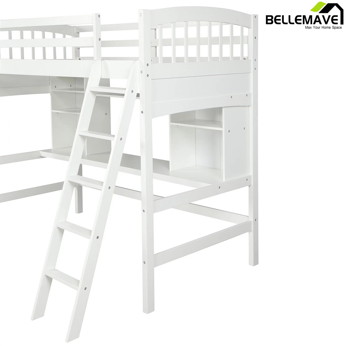 Twin Size High Loft Bed with Storage Shelves, Desk and Ladder Solid Wood Bed Frame with Safety Guardrails White U33426