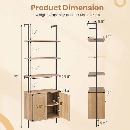 6-Tier Ladder Bookshelf with Cabinet, 71" Tall Wall Mount Shelf Bookcase with Metal Frame & Rattan Cabinet Bottom J195