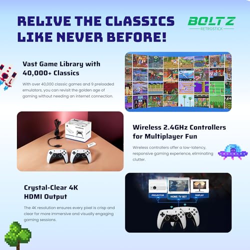 Retro Gaming Console with 40,000+ Classic Video Games, 256GB Storage, 4K HDMI Output, 2 Wireless 2.4GHz Controllers F39343