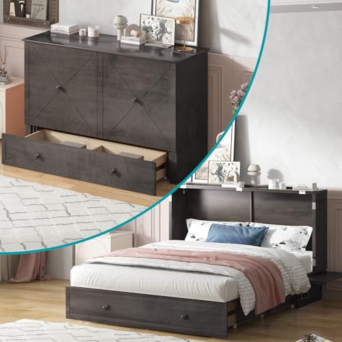 Murphy Bed with USB Charging Station, Memory Foam Queen Size Mattress, Storage Drawer M164818