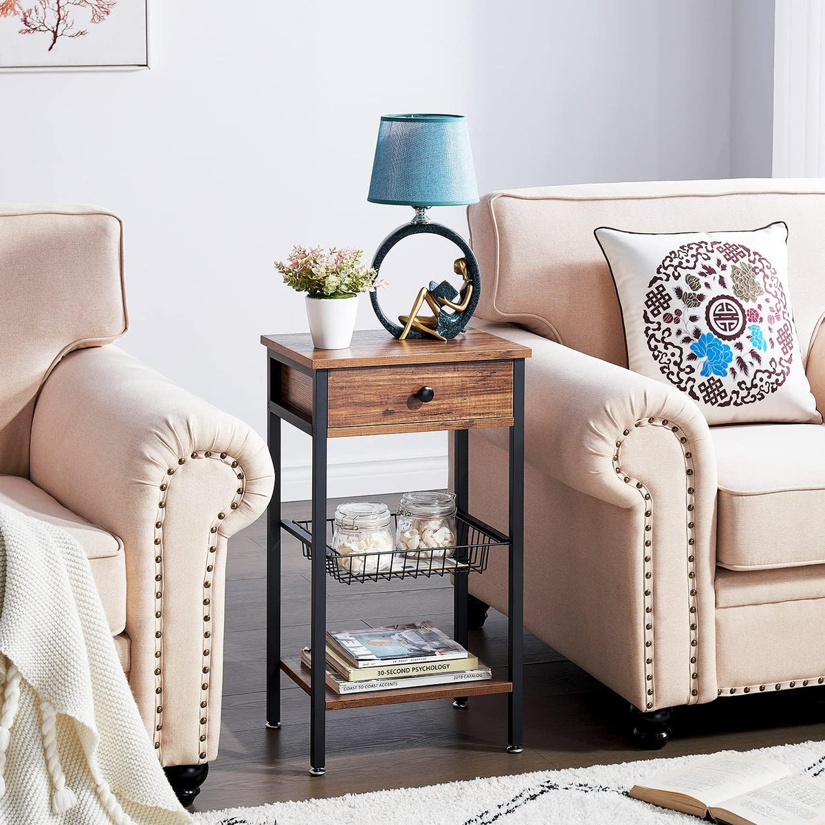 Brown Tall Side Table with Basket C661