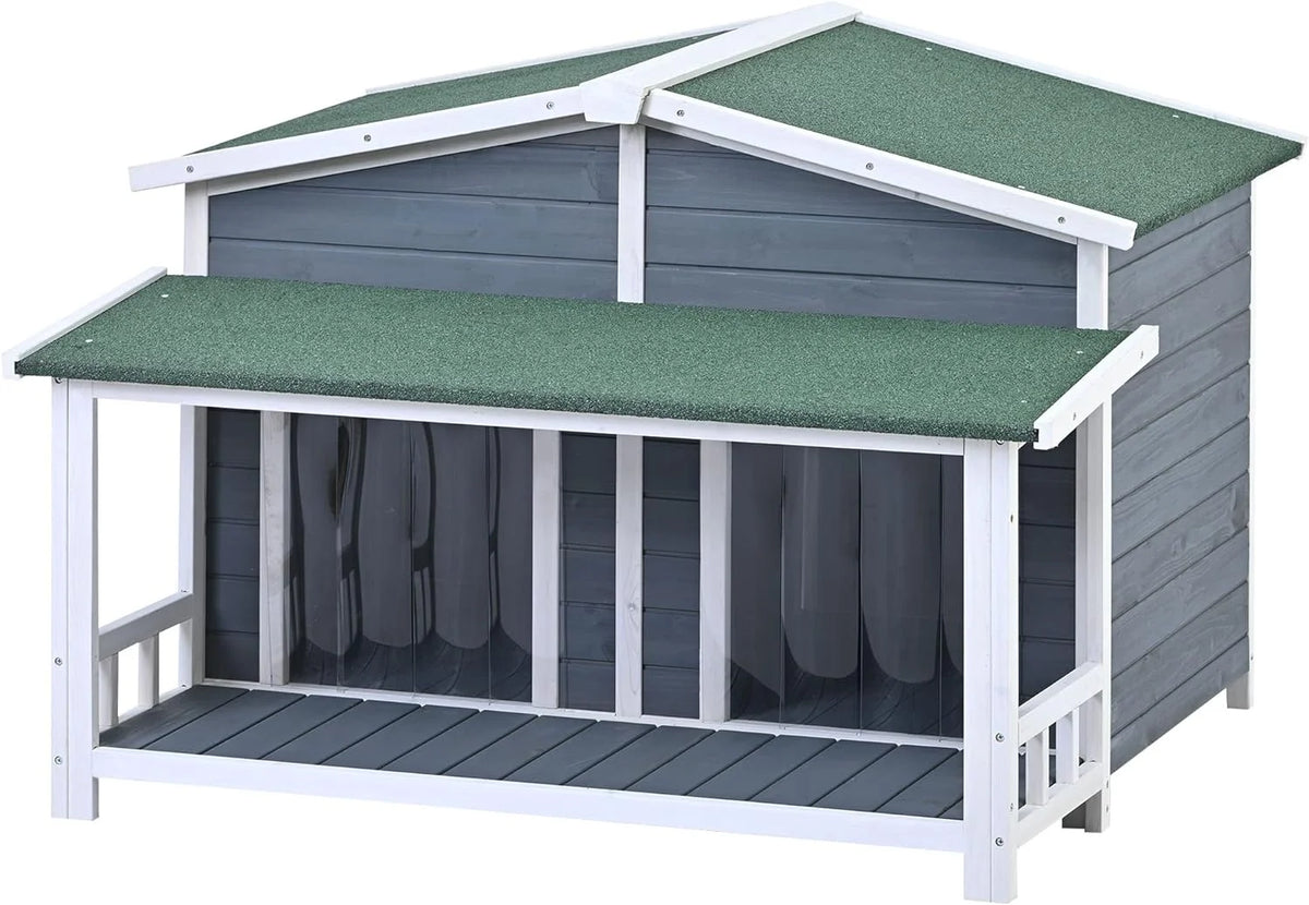 Gray Green Wooden Dog House with Porch 2 Doors F303
