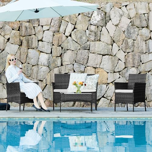 Black 4 Piece Outdoor Wicker Patio Furniture Set with Coffee Table and Sofa Q525845