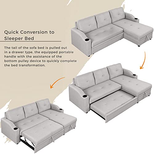 80.3" Linen Fabric 3 Seater Sofa Bed with Storage Chaise W1995