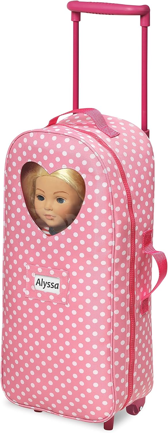Pink Polka Dot Doll Trolley Travel Carrier with Rocking Bed and Bedding C8239