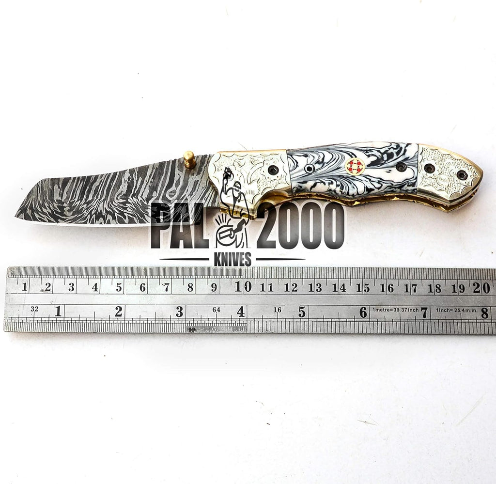 Handmade Damascus Steel Folding Pocket Hunting Knife with Sheath G210