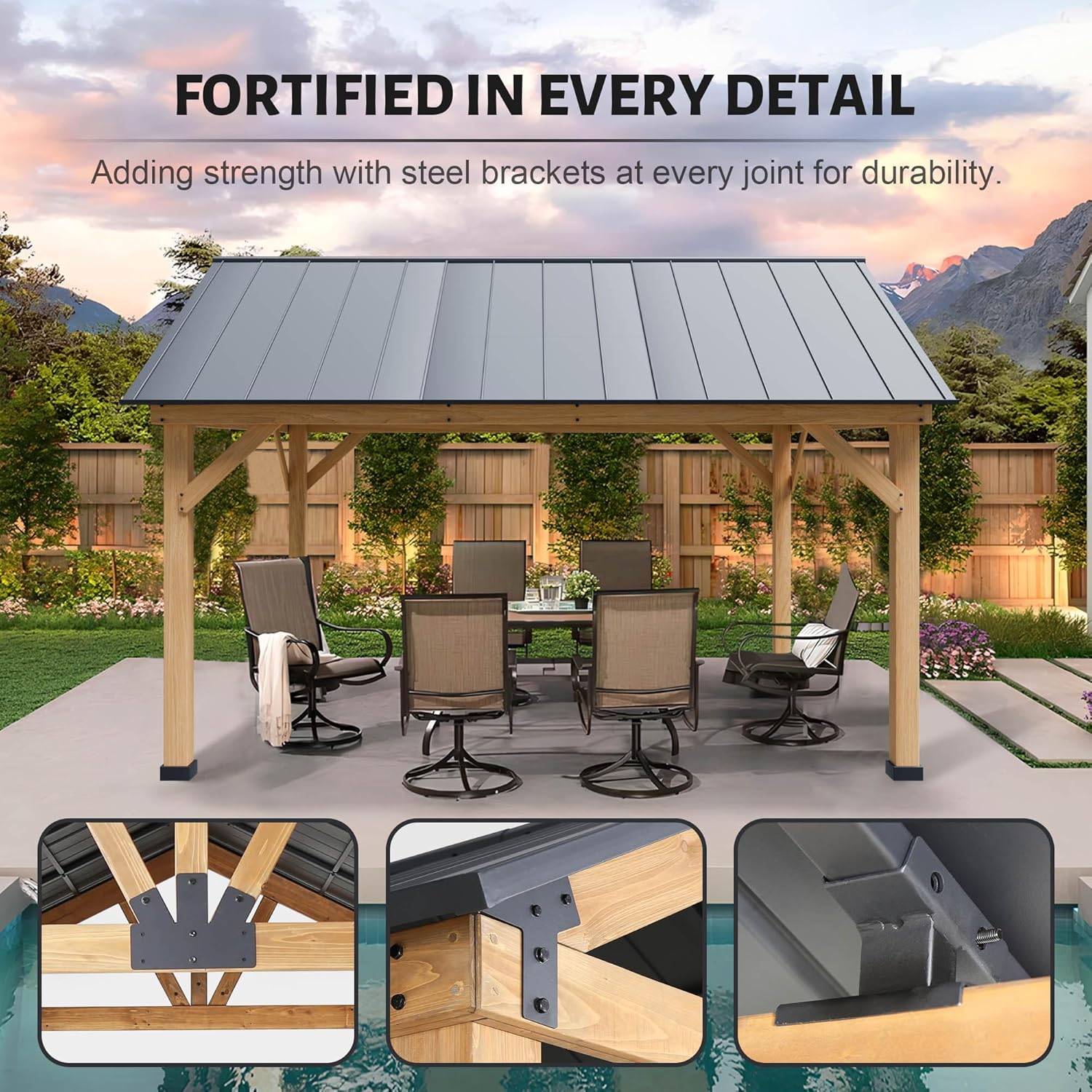13' x 15' Wood Cedar Gazebo with Galvanized Steel Roof Y3136