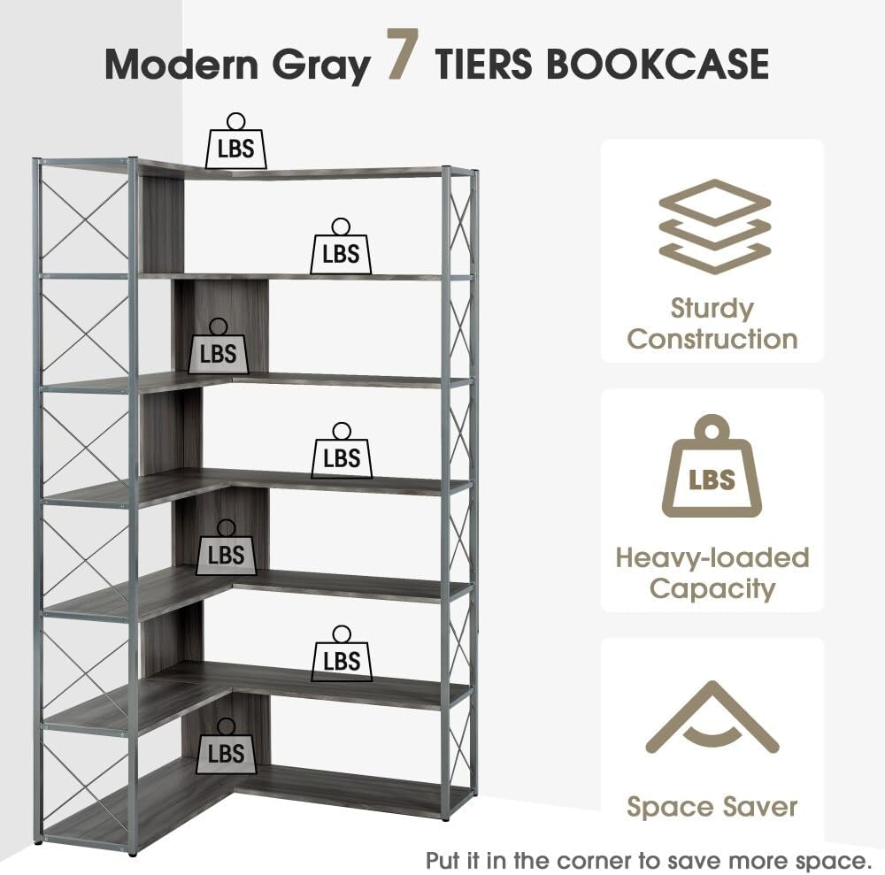 7-Tier L-Shaped Corner Bookcase Open Storage Silver MDF M8707