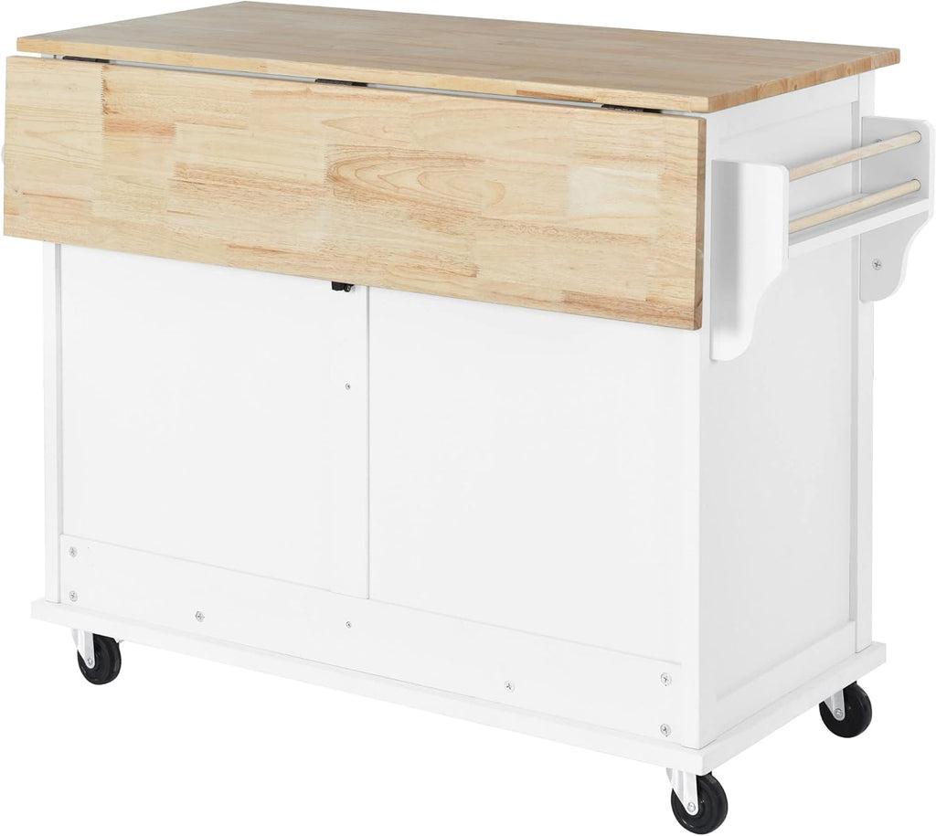 Mobile Kitchen Island Cart with Spice Rack and Towel Rack, Rolling Kitchen Island with Drop Leaf, 2 Drawers and Sliding Barn Doors N990506