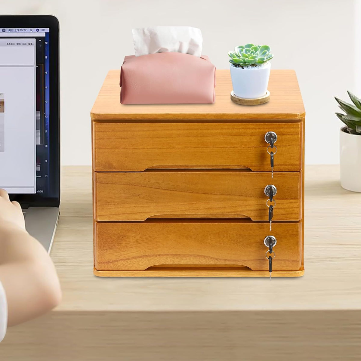 3-Tiers Wooden Desktop Storage Box with Lockable Drawers S937068