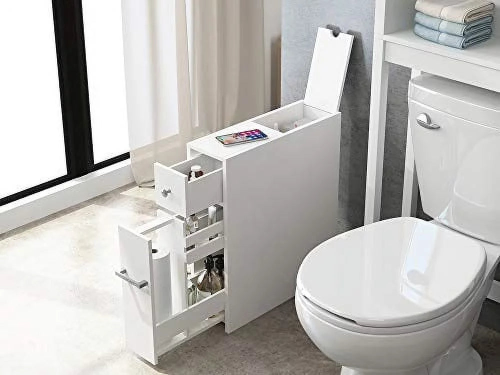 White Slim Bathroom Storage Cabinet with Toilet Paper Holder and Slide Out Drawer T522378