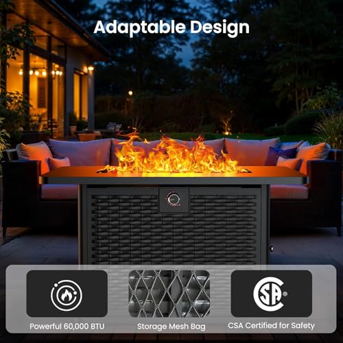 43-Inch Rectangular Propane Fire Pit with 60,000 BTU Output, Cover and Rocks, 304 Stainless Steel H-Burner Q241