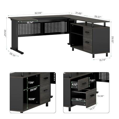 Gray and Black L Shaped Executive Desk with File Cabinet and Drawers X179