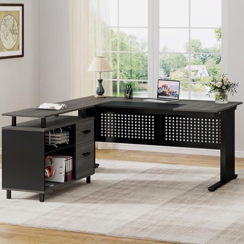Gray and Black L Shaped Executive Desk with File Cabinet and Drawers X179