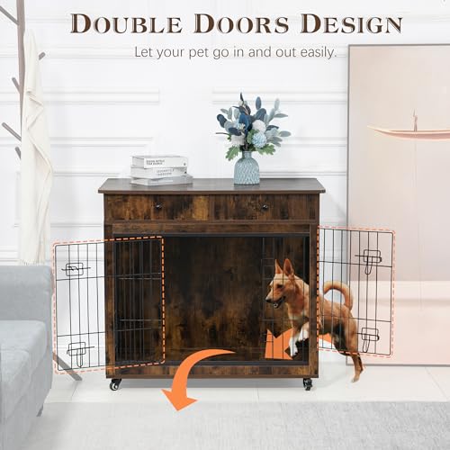Grey 31.7" L×23.2" W×33" H Wooden Dog Crate with 2 Drawers Z86390
