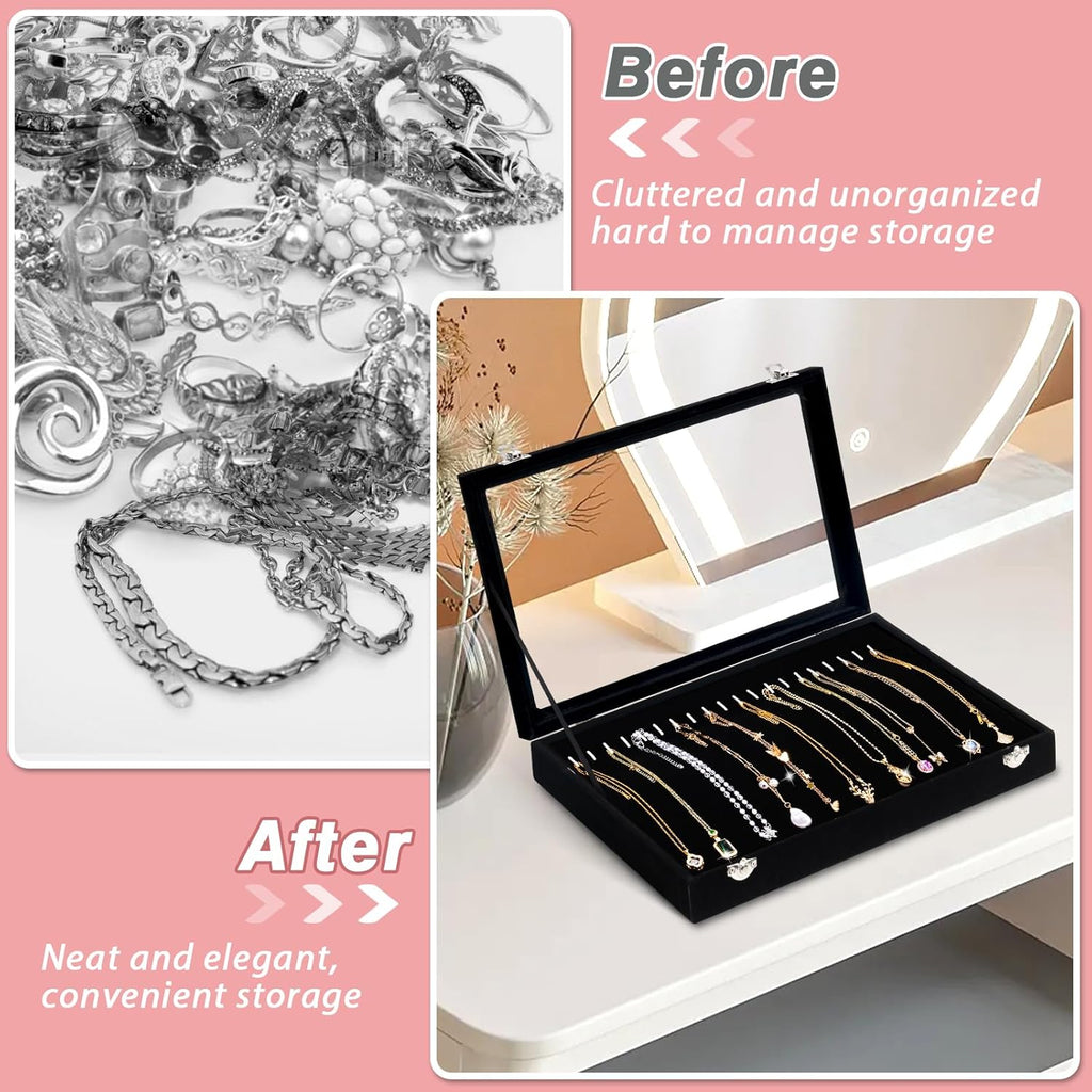 20 Hooks Velvet Jewelry Tray Necklace Organizer Box with Clear Lid M1059