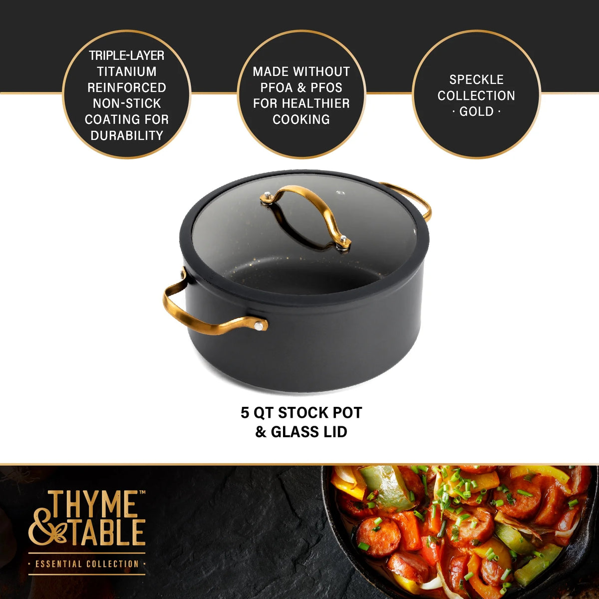 Non-Stick 5 QT Stock Pot with Glass Lid, Black & Gold Q537