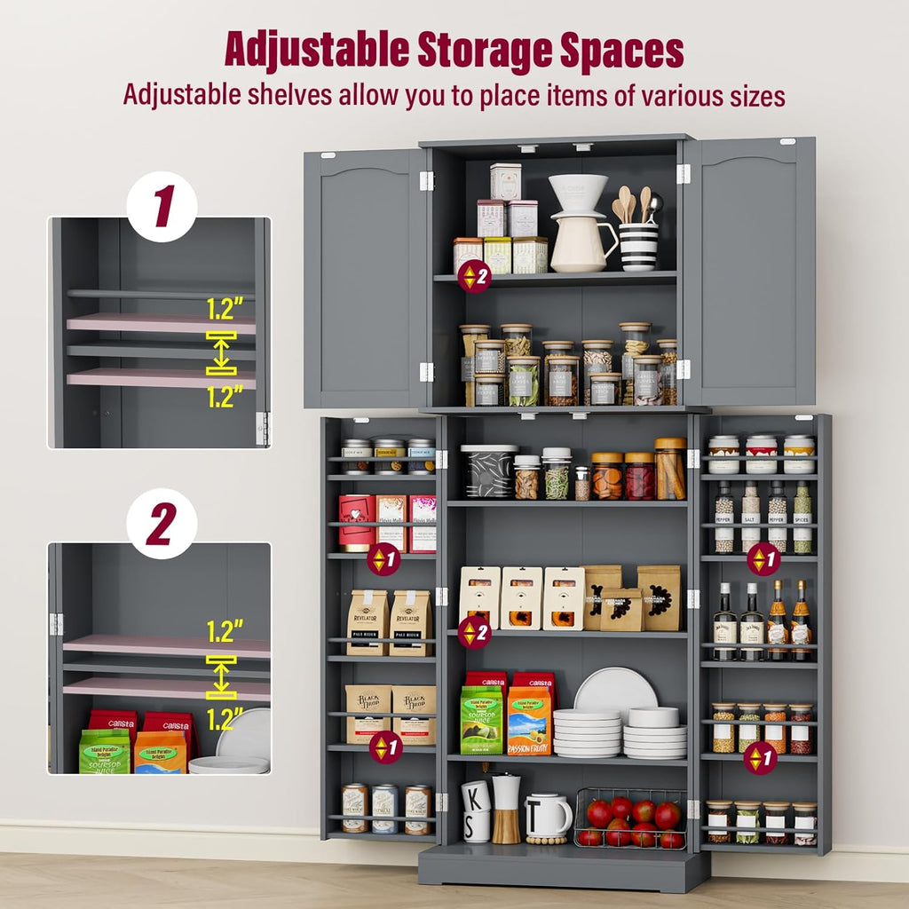 Gray Tall Freestanding Kitchen Pantry Cabinet with Doors and Shelves J403067