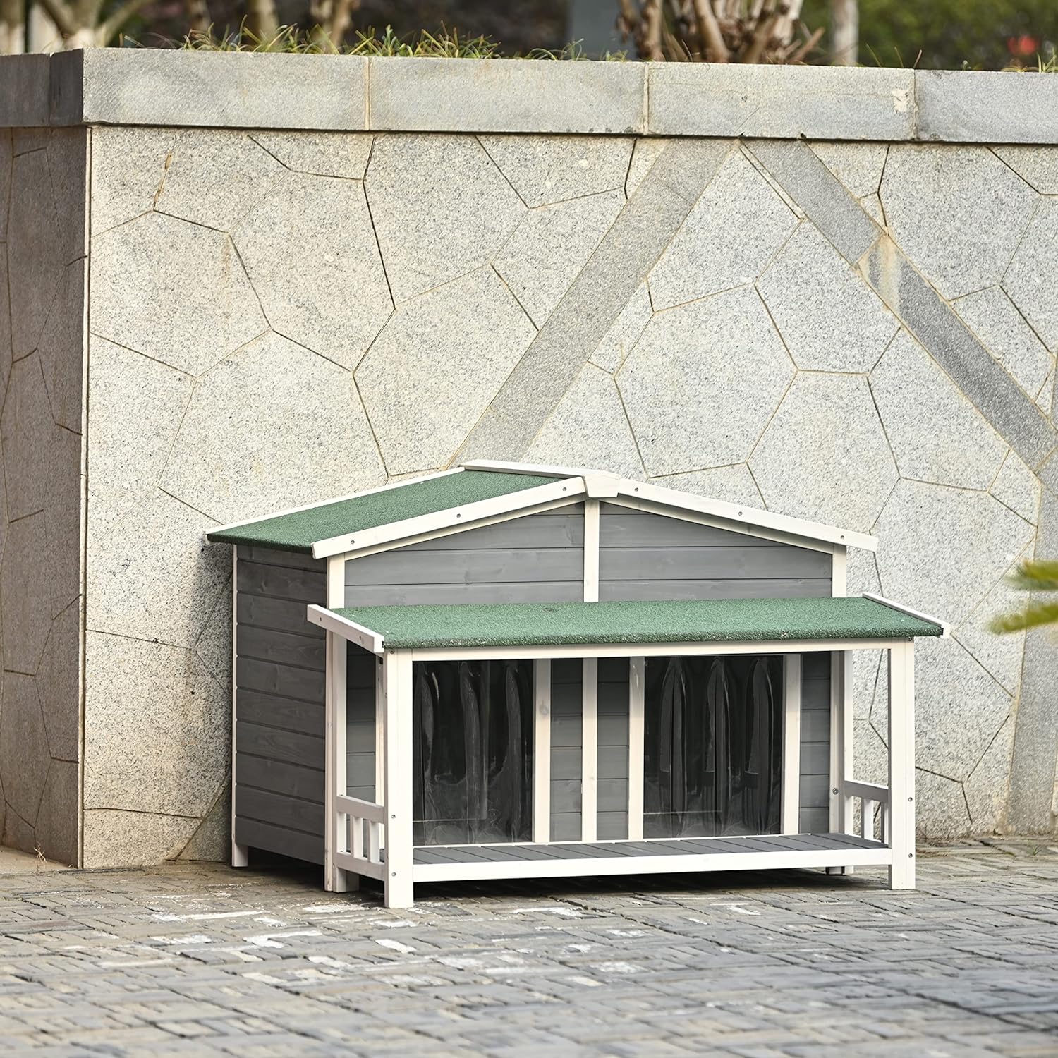Gray Green Wooden Dog House with Porch 2 Doors F303