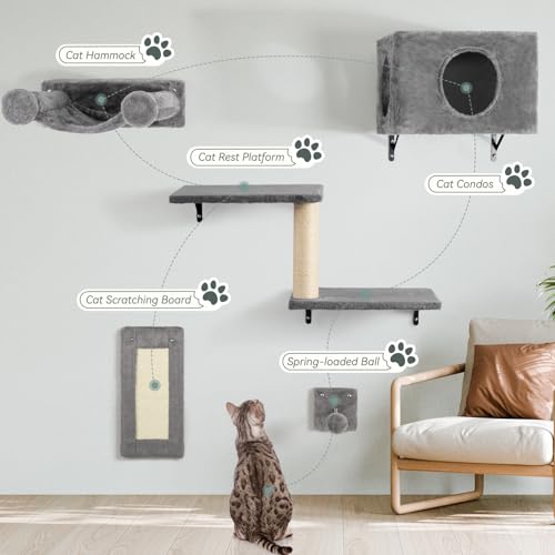 5-in-1 Wall-Mounted Cat Climber Set with House, Bridge, Steps, Scratcher, Hammock, Shelves Q44124