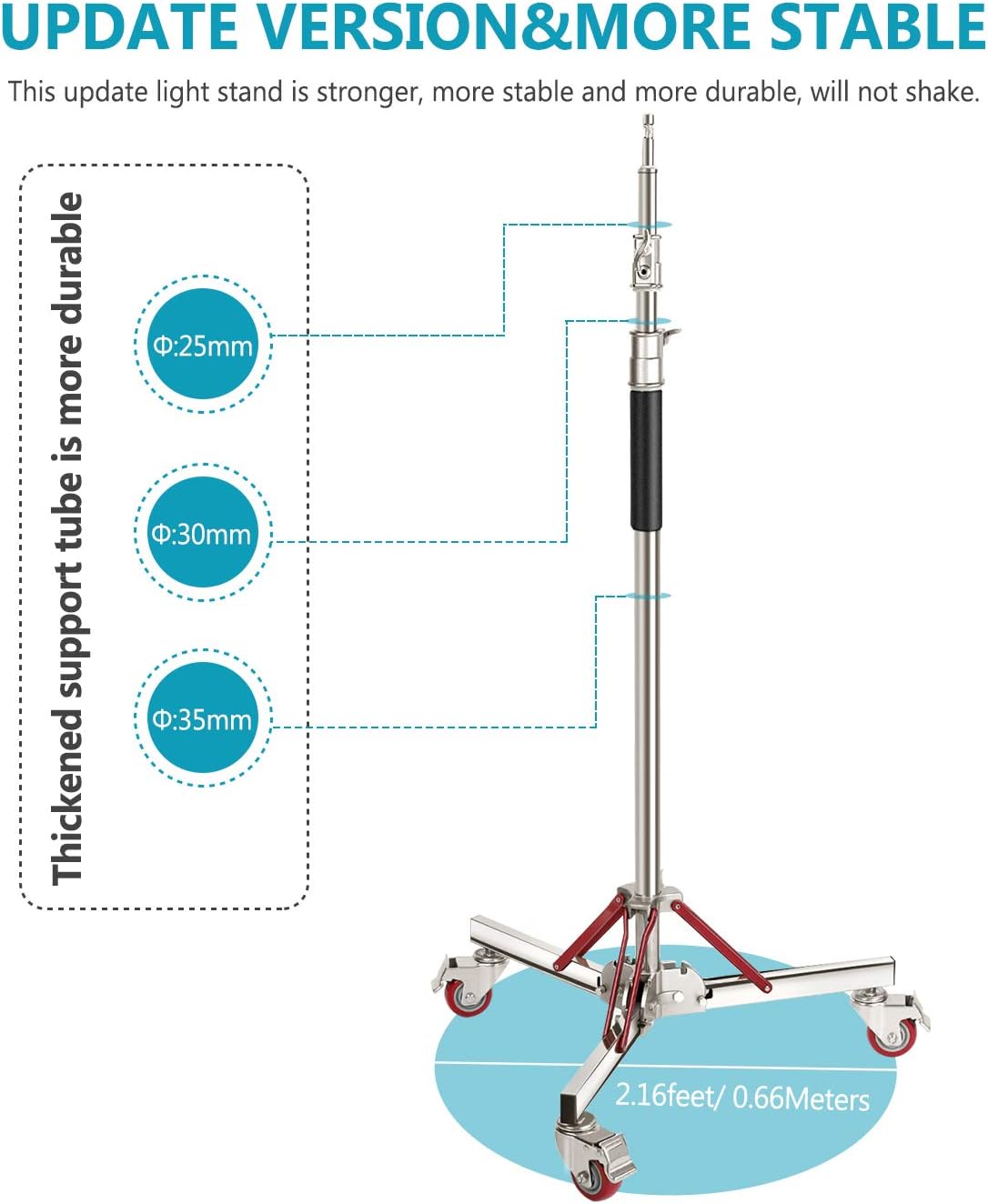 Heavy Duty Light Stand with Casters, Adjustable Tripod Stand, 100% Stainless Steel, Max Height: 10ft/305cm V99131