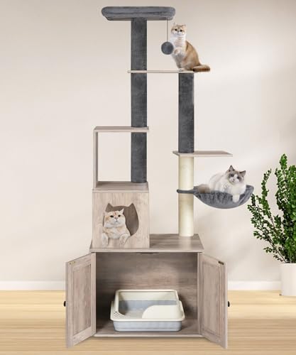 Greige 67.7" H Wooden Cat Tree with Litter Box Enclosure W253