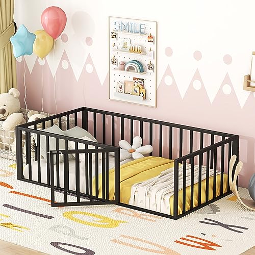 Full Montessori Floor Bed with Door (Black) S99835