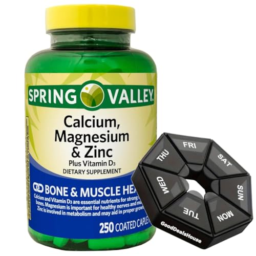 Calcium, Magnesium & Zinc Plus Vitamin D3 Coated Caplets, 250 Count + Weekly Pillbox D38413