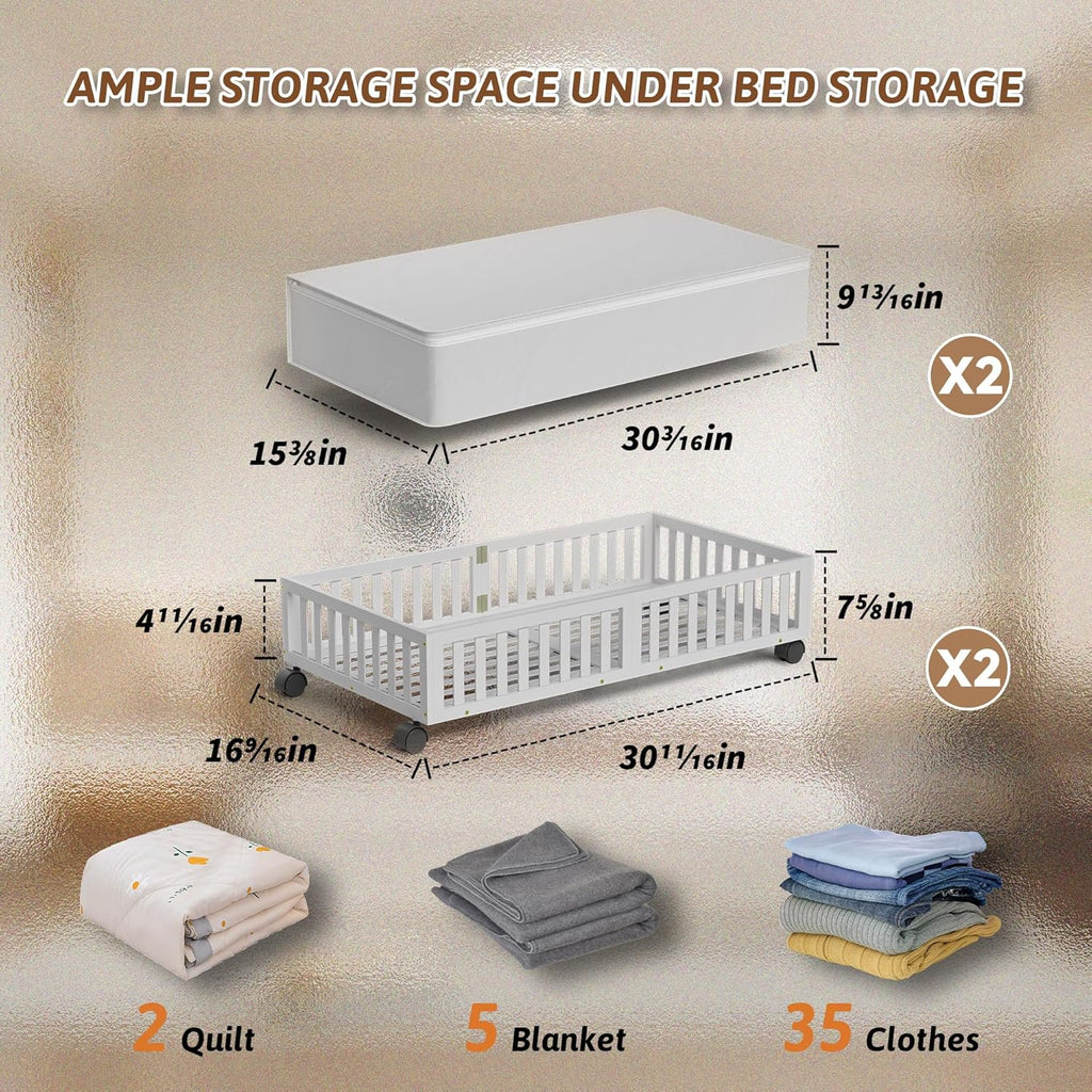 White 2 Pack Large Wood Rolling Underbed Storage Drawers Q23476