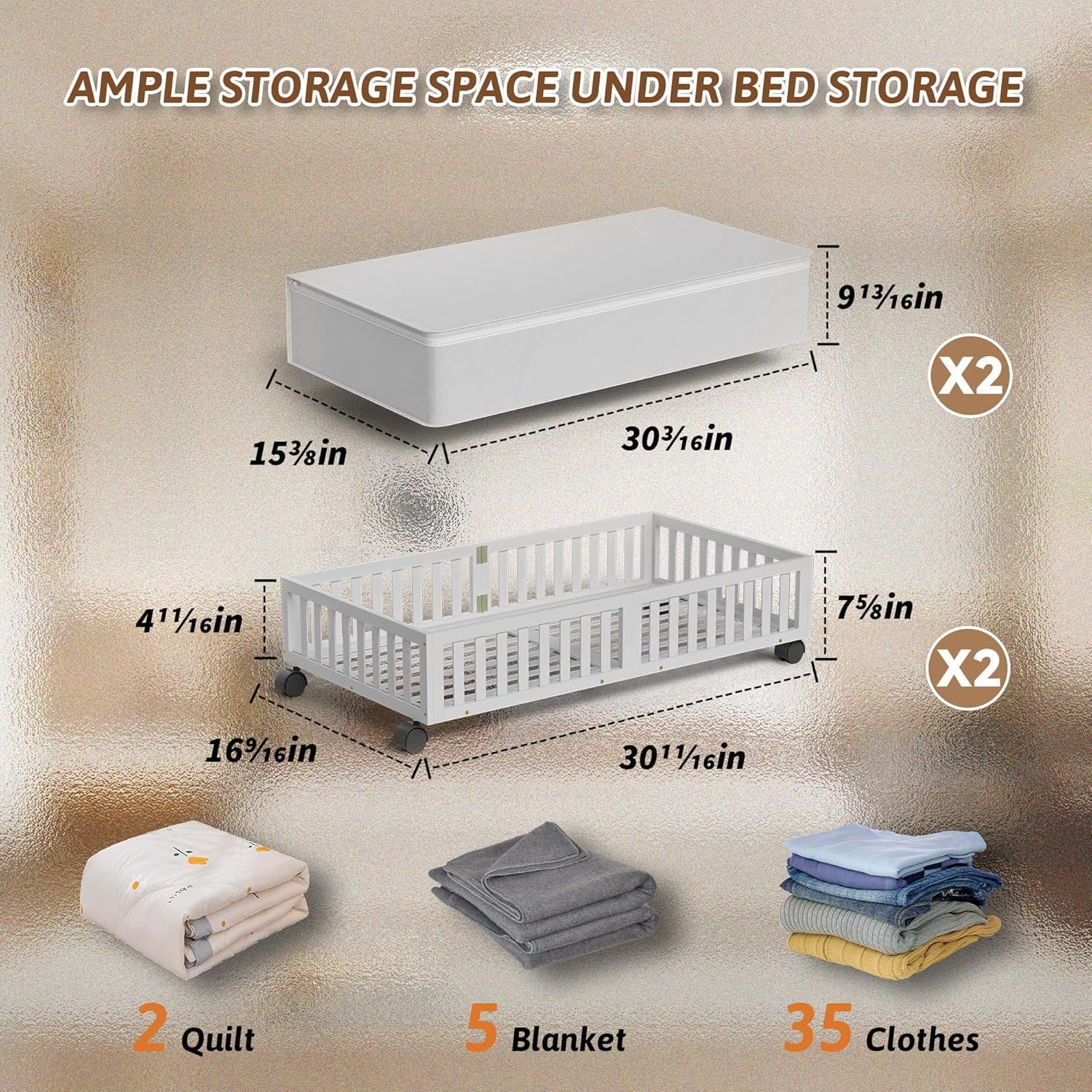 White 2 Pack Large Wood Rolling Underbed Storage Drawers Q23476