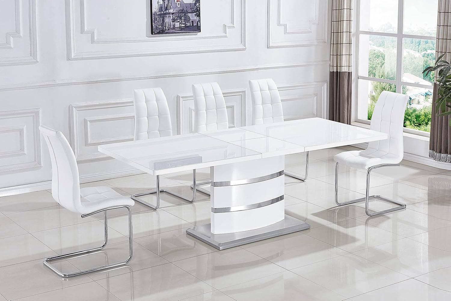 Extendable Dining Table with Butterfly Leaf, White High Gloss Lacquer MDF Base, Stainless Steel, 8 to 12 Person D448566