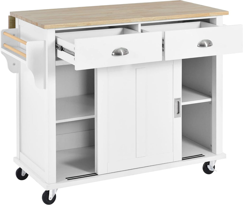 Mobile Kitchen Island Cart with Spice Rack and Towel Rack, Rolling Kitchen Island with Drop Leaf, 2 Drawers and Sliding Barn Doors N990506