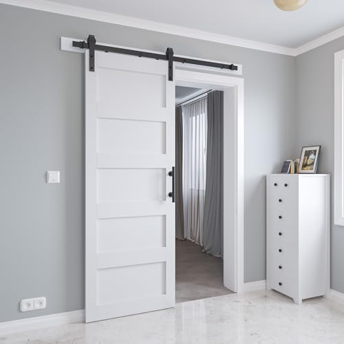 White 5 Panel Sliding Barn Door with 6ft Hardware Kit T48970