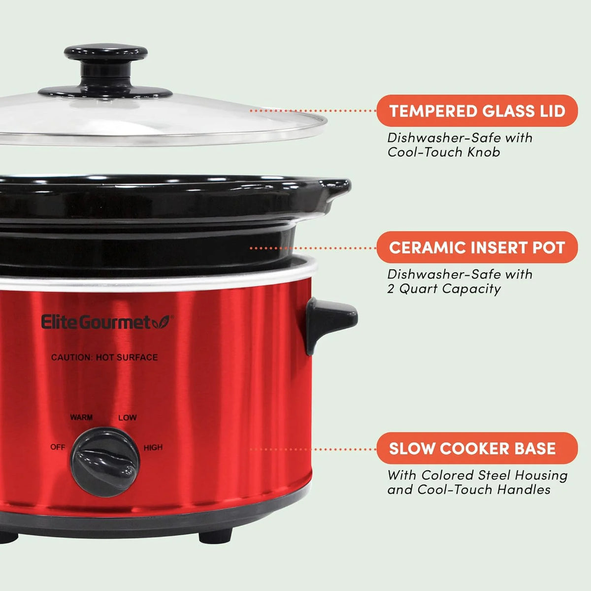 Metallic Red 2 Quart Electric Slow Cooker with Glass Lid C932