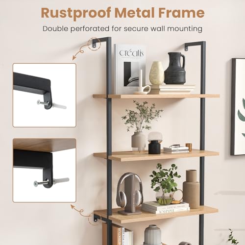 6-Tier Ladder Bookshelf with Cabinet, 71" Tall Wall Mount Shelf Bookcase with Metal Frame & Rattan Cabinet Bottom J195
