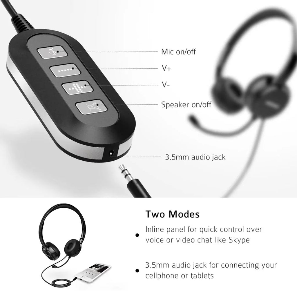 USB Headset with Microphone Noise Cancelling Lightweight Wired Headphones E32276