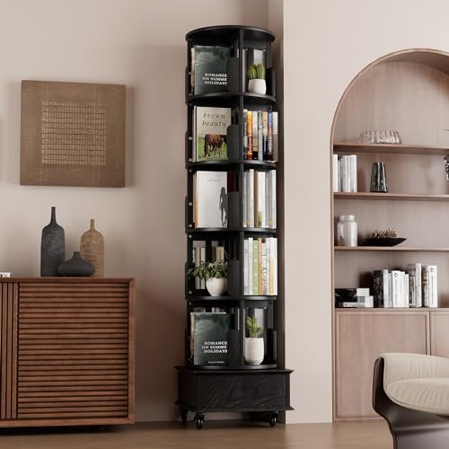 Black 5-Tier Rotating Book Shelf with Drawer Z518506