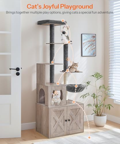 Greige 67.7" H Wooden Cat Tree with Litter Box Enclosure W253