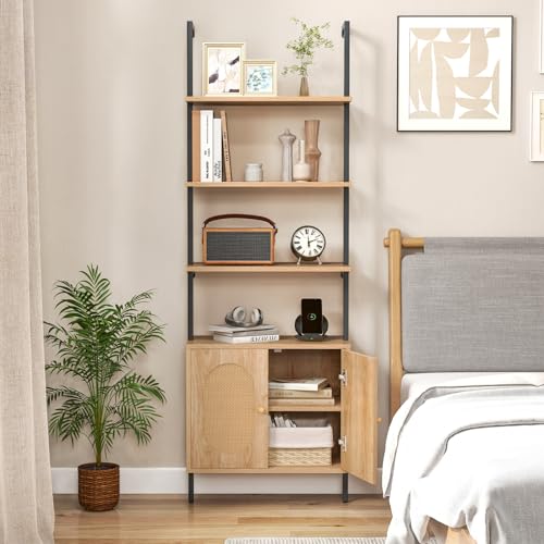 6-Tier Ladder Bookshelf with Cabinet, 71" Tall Wall Mount Shelf Bookcase with Metal Frame & Rattan Cabinet Bottom J195