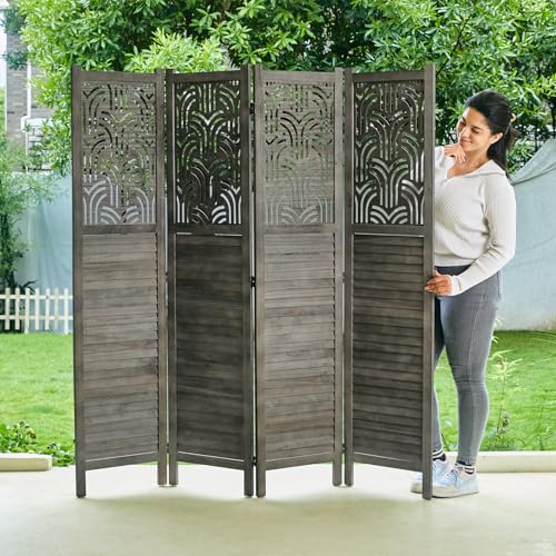 4 Panel Gray Wood Carved Folding Room Divider P4471