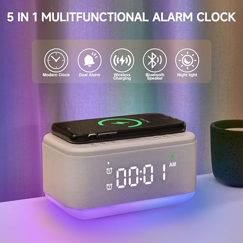 Gray Digital Alarm Clock with Bluetooth Speaker and Wireless Charger H9698
