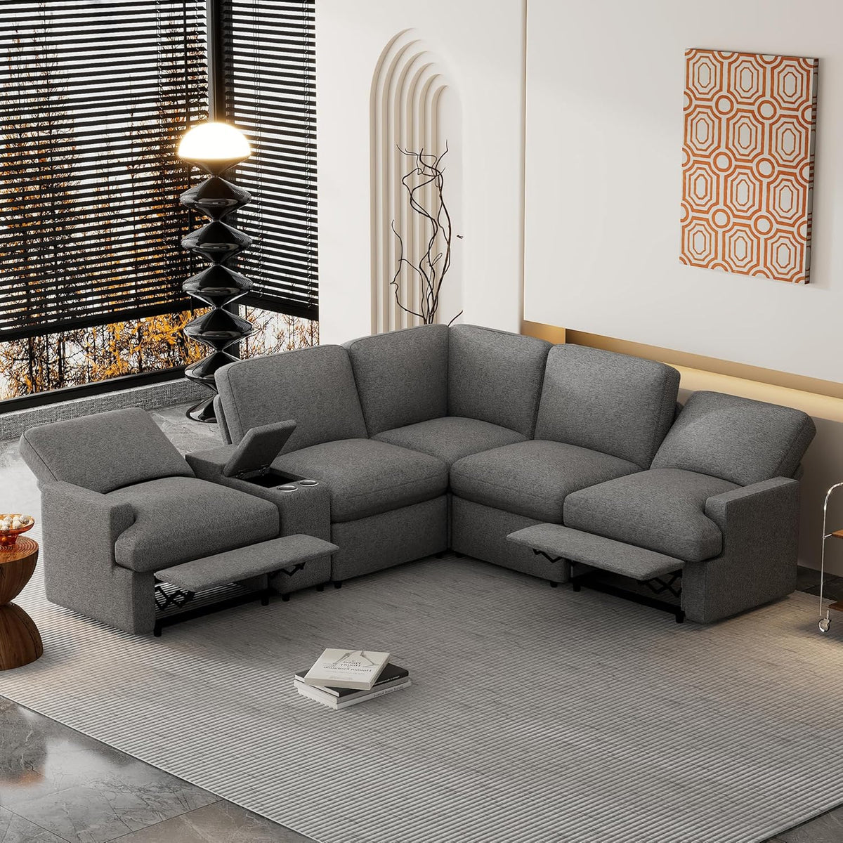 104'' L-shaped Power Recliner Sofa Couch with Storage Box, Cup Holders, USB Ports, Dark Grey J47252